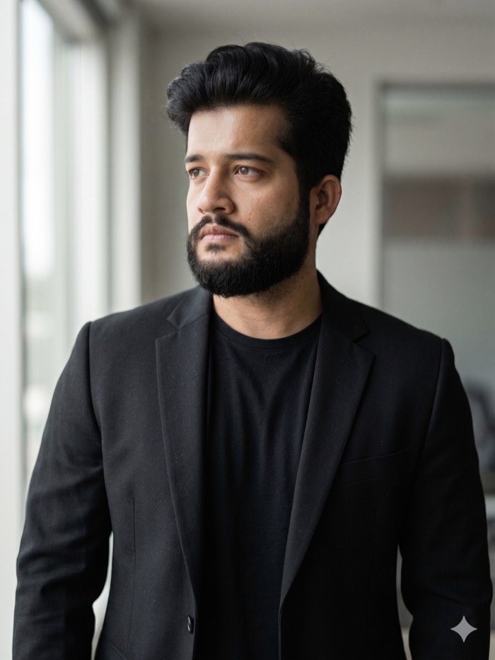 Prateek Mulye looking off to the side in a dark blazer